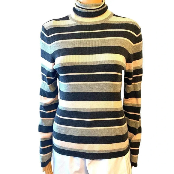 Banana Republic Merino Wool Turtle Neck Striped Soft Cozy Sweater Women Size M - Picture 1 of 6